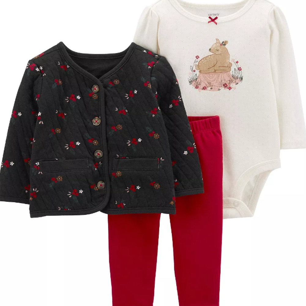 NB Carter's Baby Girls Quilted Cardigan, Bodysuit Pants, 3 Piece Set NWT
